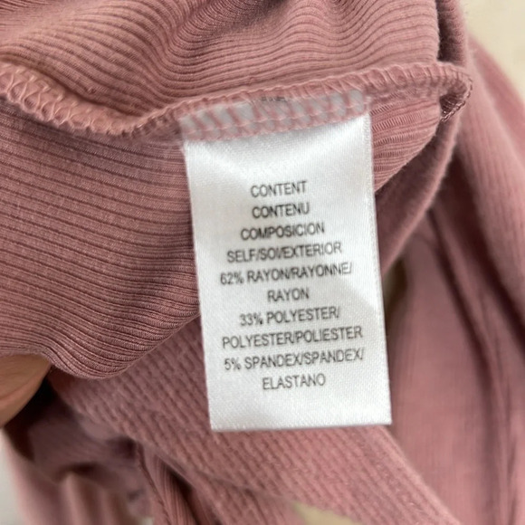 WAYF Women's Pink Tie Front Crew Neck Blouse Size S Long Sleeve Casual Ribbed - Picture 9 of 11
